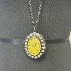 Vintage Inspired Rhinestone Oval Pendant Clock Necklace Roman Number Yellow Face